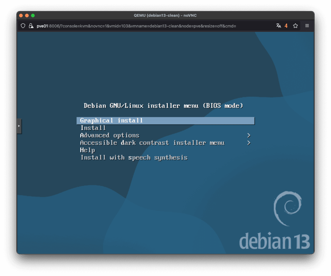Tela de seleção do modo de Instalação do Debian 13 Trixie