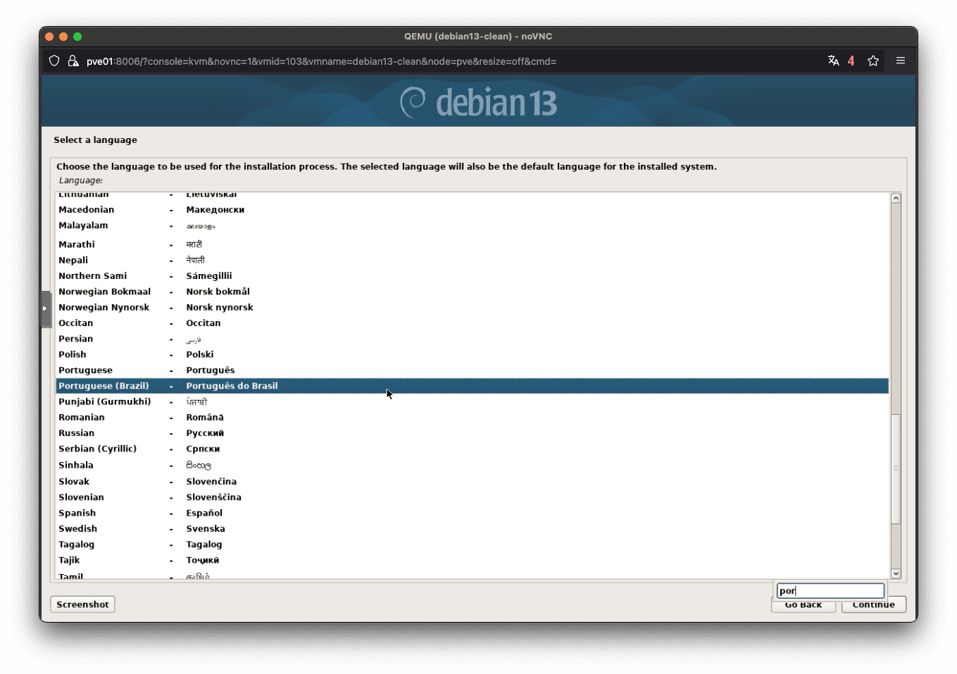 Tela de seleção de idiomas na instalação do Debian 13 Trixie