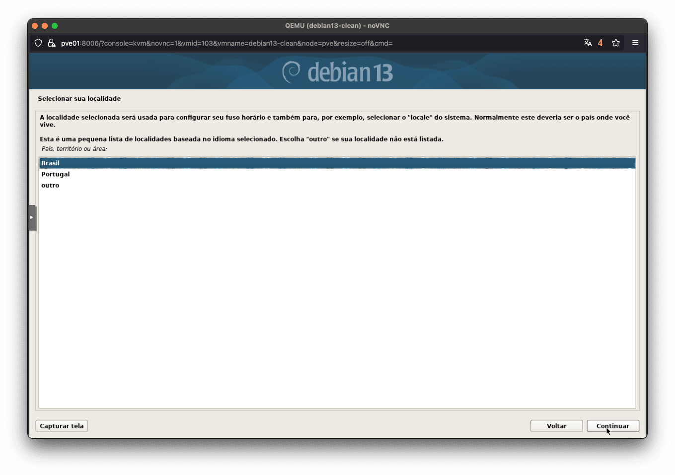 Tela de seleção de local na instalação do Debian 13 Trixie
