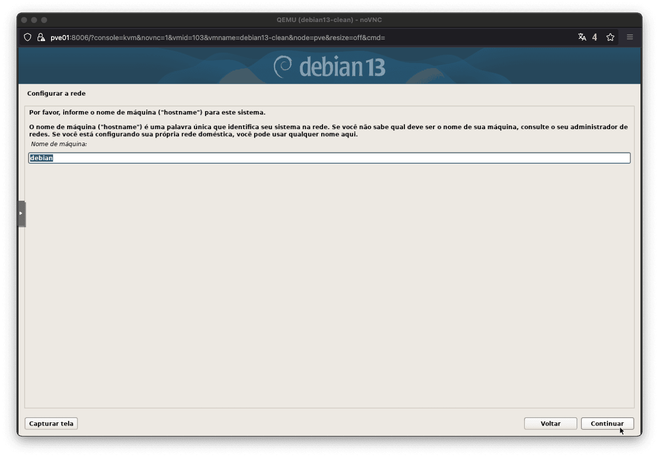 Tela de seleção do hostname na instalação do Debian 13 Trixie