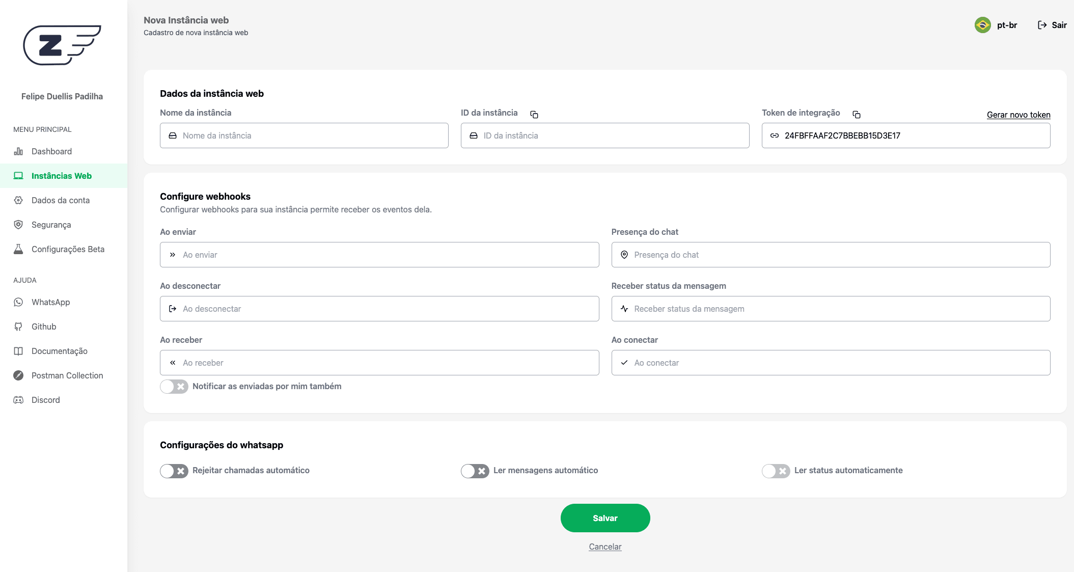 Cadastrando uma nova instância no Z-API