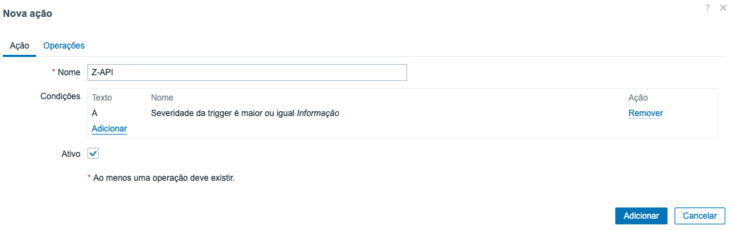 Configuração de nova ação
