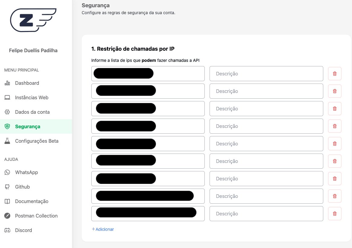 Lista de endereços IPs que podem usar o serviço da Z-API