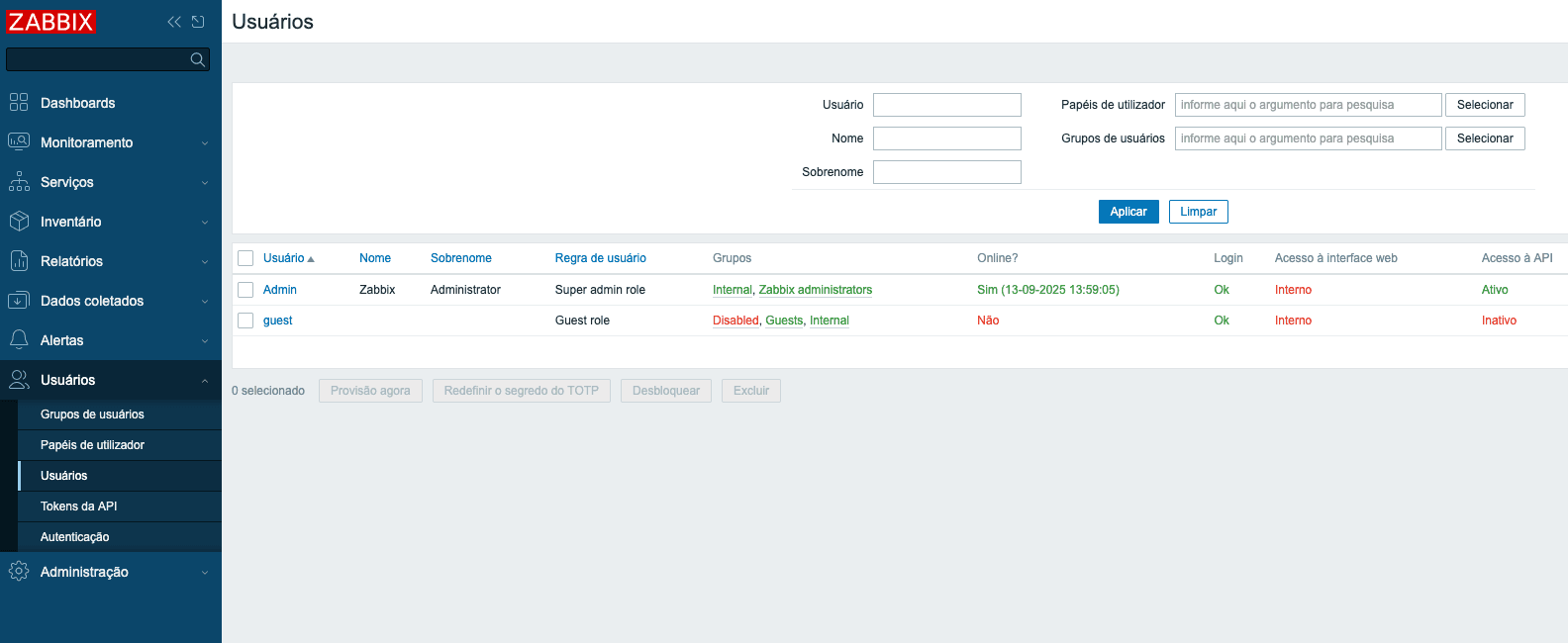 Gerenciamento de Usuários do Zabbix