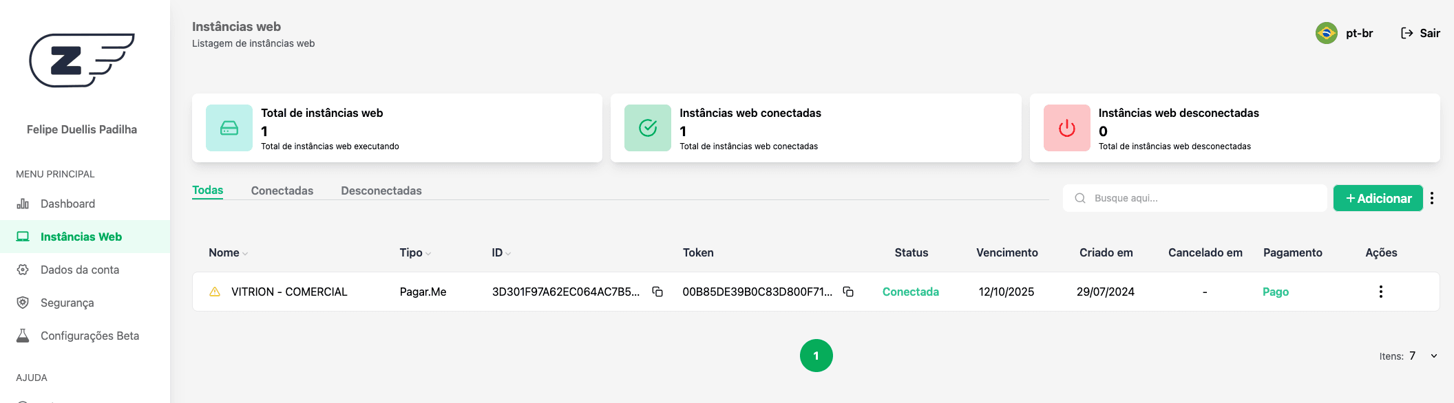 Dashboard de Instâncias: Z-API